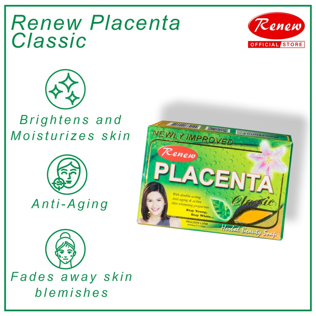 Renew Placenta CLASSIC Herbal Beauty Soap - 135g Kojic Beauty London kojic acid soap, glutathione, tranexamic acid, arbutin, papaya extract, official stockist of kojie san.