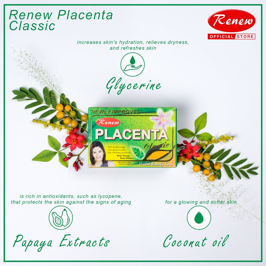 Renew Placenta CLASSIC Herbal Beauty Soap - 135g Kojic Beauty London kojic acid soap, glutathione, tranexamic acid, arbutin, papaya extract, official stockist of kojie san.