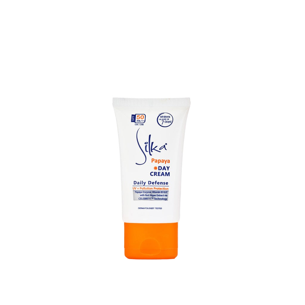 Silka Papaya Day SPF50 PA+++ - UVA & UVB - 30ml Kojic Beauty London kojic acid soap, glutathione, tranexamic acid, arbutin, papaya extract, official stockist of kojie san.