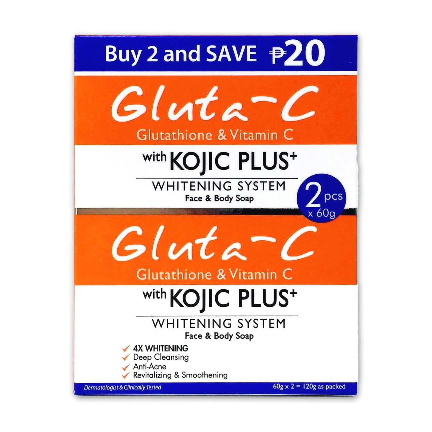 Gluta-C Kojic Plus & Glutathione Face & Body Soap - 60g x 2 (Double Pack)