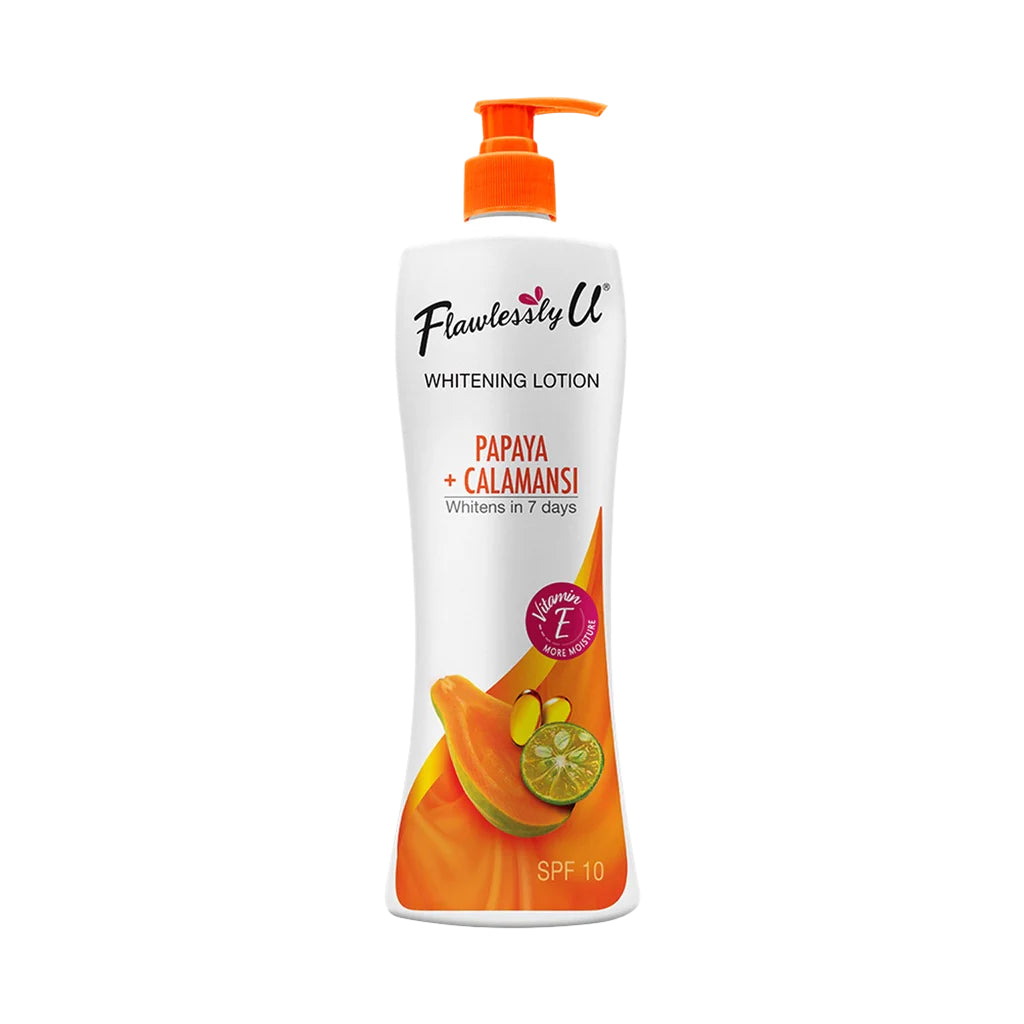 Flawlessly U Papaya Calamansi Pump Lotion SPF10 - 500ml Kojic Beauty London kojic acid soap, glutathione, tranexamic acid, arbutin, papaya extract, official stockist of kojie san.