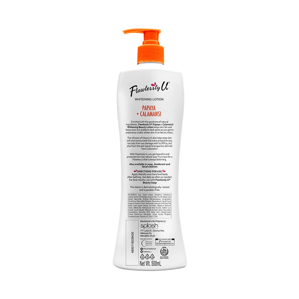 Flawlessly U Papaya Calamansi Pump Lotion SPF10 - 500ml Kojic Beauty London kojic acid soap, glutathione, tranexamic acid, arbutin, papaya extract, official stockist of kojie san.