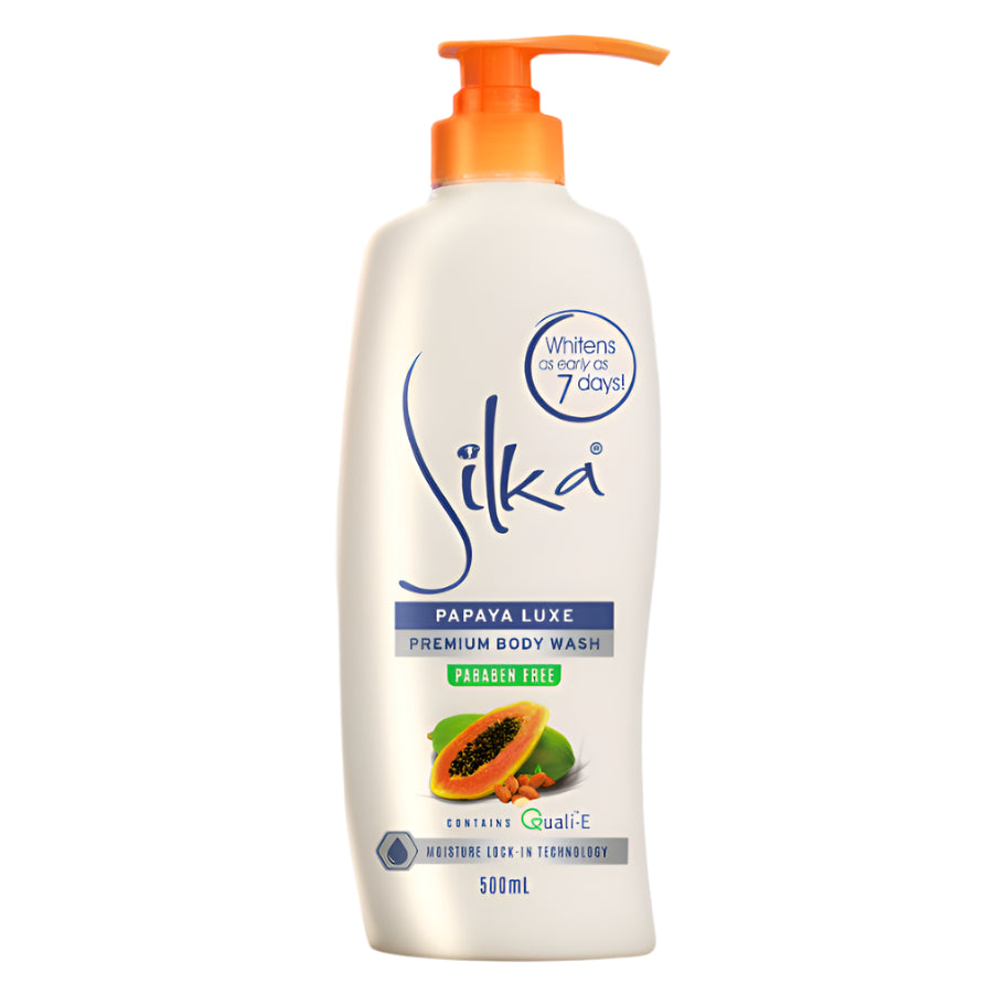 Silka Papaya Luxe Premium Body Wash - 500ml  Kojic Beauty London kojic acid soap, glutathione, tranexamic acid, arbutin, papaya extract, official stockist of kojie san.