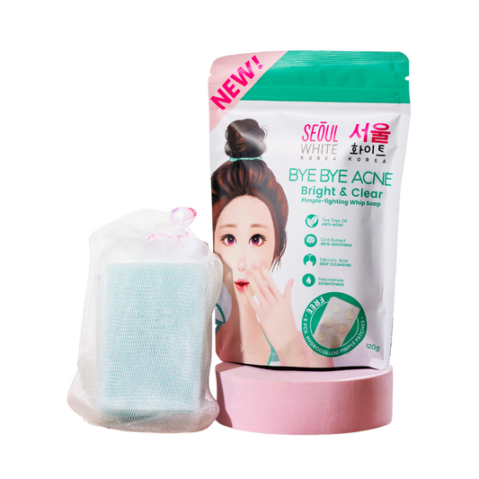 Seoul White Korea Bye Bye Acne Pimple Fighting Whip Soap - 120g (6 pcs Zit Zapper Pimple Patch Included)  Kojic Beauty London kojic acid soap, glutathione, tranexamic acid, arbutin, papaya extract, official stockist of kojie san.