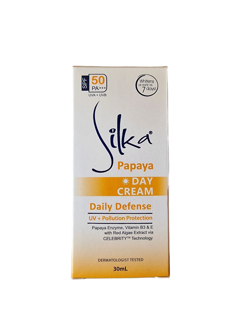 Silka Papaya Day SPF50 PA+++ - UVA & UVB - 30ml  Kojic Beauty London kojic acid soap, glutathione, tranexamic acid, arbutin, papaya extract, official stockist of kojie san.