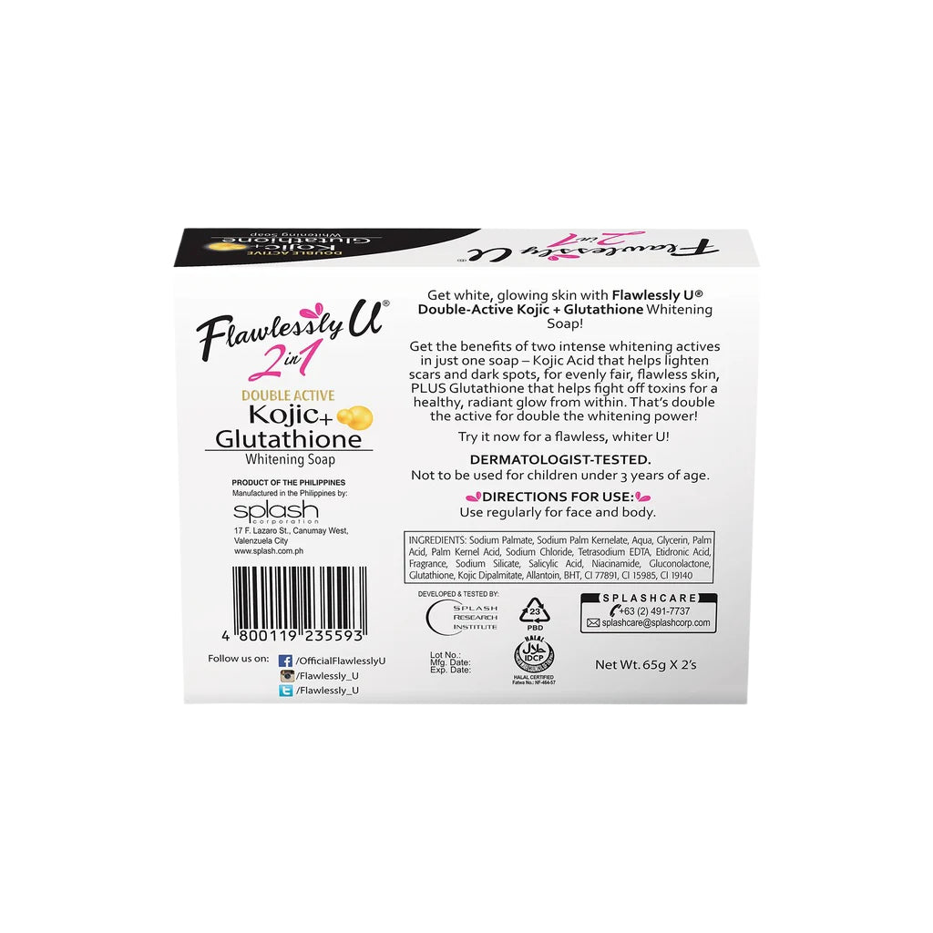 Flawlessly U Kojic Acid & Glutathione Soap - 65g x 2  Kojic Beauty London kojic acid soap, glutathione, tranexamic acid, arbutin, papaya extract, official stockist of kojie san.