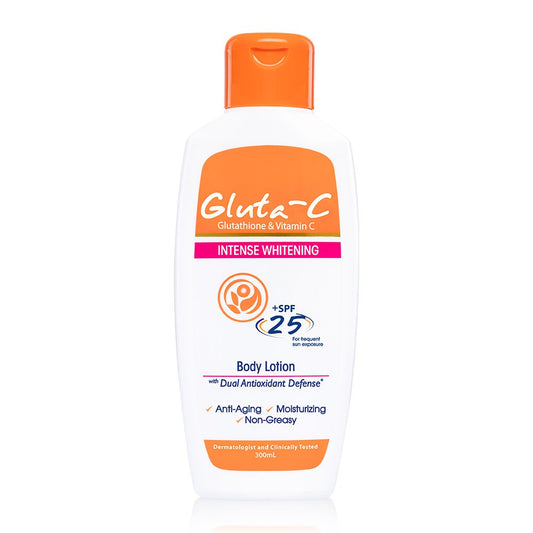 Gluta-C Glutathione & Vitamin C Body Lotion + SPF25 - 300ml  Kojic Beauty London kojic acid soap, glutathione, tranexamic acid, arbutin, papaya extract, official stockist of kojie san.