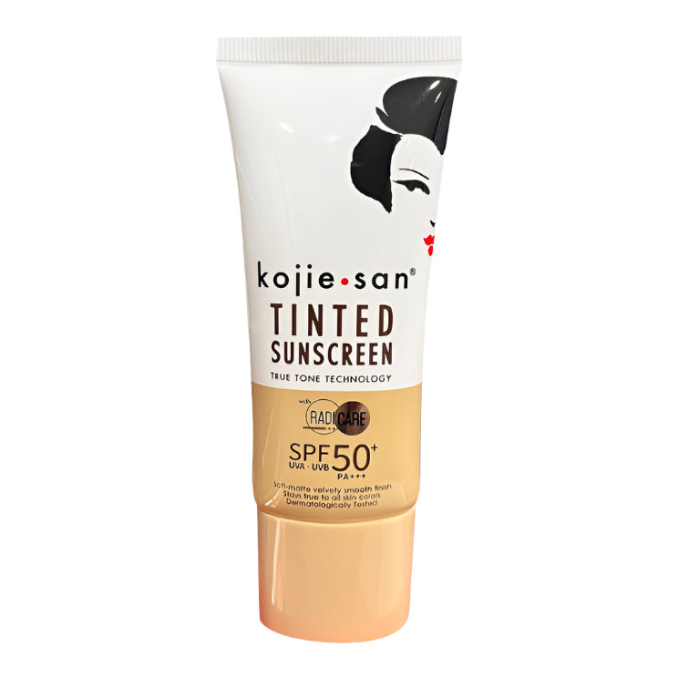 Kojie San Tinted Sunscreen SPF50+ PA+++ UVA-UVB - 50g  Kojic Beauty London kojic acid soap, glutathione, tranexamic acid, arbutin, papaya extract, official stockist of kojie san.