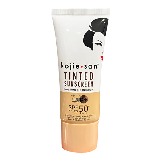 Kojie San Tinted Sunscreen SPF50+ PA+++ UVA-UVB - 50g  Kojic Beauty London kojic acid soap, glutathione, tranexamic acid, arbutin, papaya extract, official stockist of kojie san.
